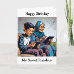 Video Gaming Themed Birthday for a Grandson Card<br><div class="desc">Cute sentimental happy birthday card from a grandma to a grandson. Comic book style art depicting a Grandma playing video games on the tablet with her grandson.</div>