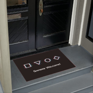 Video glitch style, video game controller buttons, doormat