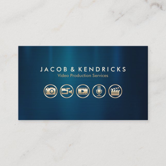 Video Production Services Gold Icons Blue Metal Business Card (Front)