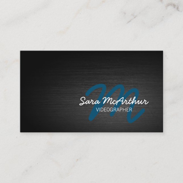 Videographer Dark Metal Cursive Monogram Business Card (Front)