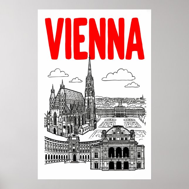 Vienna Cityscape Poster, Red Text, Black Line Poster (Front)