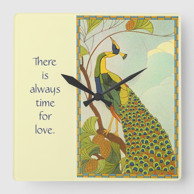 Viennese Art Nouveau Peacock Square Wall Clock (Front)