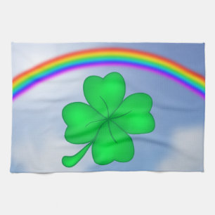 Vierblättriges Kleeblatt mit Regenbogen Tea Towel