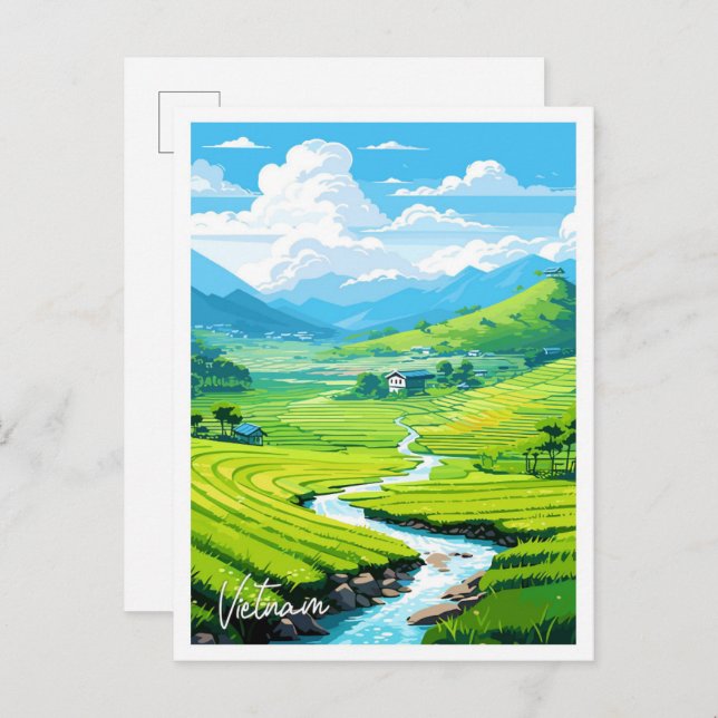 Vietnam Art Travel Vintage illustration Postcard (Front/Back)