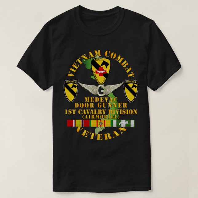 Vietnam Combat Veteran Medevac Door Gunner w 1st C T-Shirt (Design Front)