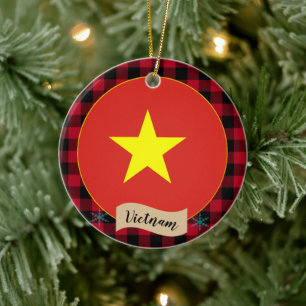 Vietnam, Red buffalo plaid & Vietnamese Flag Ceramic Ornament
