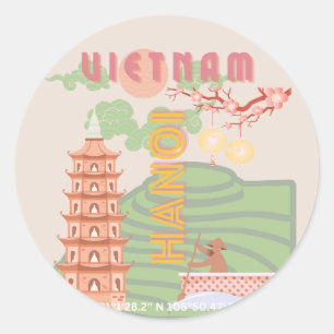 Vietnam Travel Art, Vintage Classic Round Sticker