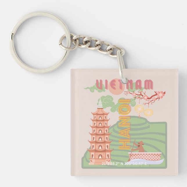 Vietnam Travel Art, Vintage Key Ring (Front)