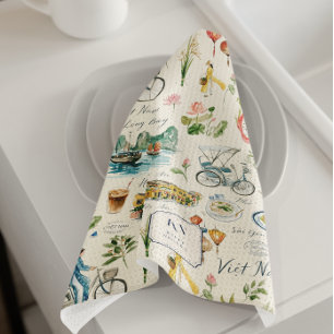 Vietnam Watercolor Monogram Tea Towel