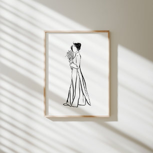 Vietnamese Ao Dai Woman with Flower Bouquet Ink Poster