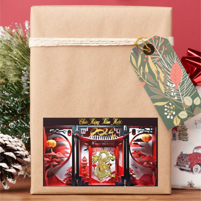 Vietnamese Dragon New Year 2024 Origami SqS Rectangular Sticker (Holiday)