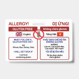 VIETNAMESE Gluten Free Travel Card   Allergy Badge ID Badge