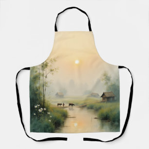 Vietnamese Morning Mist Village Watercolor Art Apron