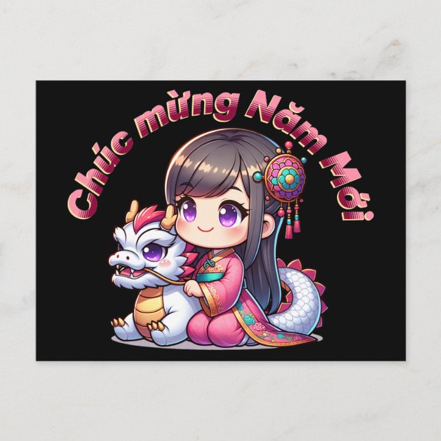 Vietnamese New Year Girl & Dragon Postcard (Front)