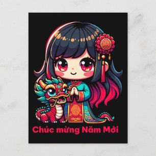 Vietnamese New Year Girl & Red Dragon Postcard