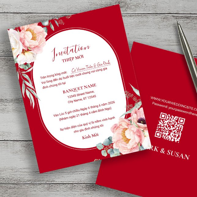 Vietnamese Peony Wedding Thiệp Mời with QR code (Creator Uploaded)