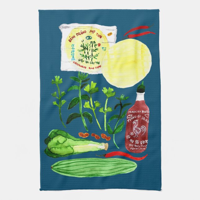 Vietnamese Rice Paper Rolls Recipe Watercolor Tea Towel (Vertical)