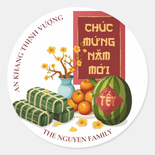 Vietnamese Tet Art with Symbolic Fruits & Flowers Classic Round Sticker (Front)