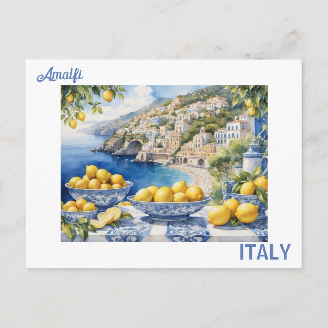 View Italian Amalfi Coast blue white tiles lemons  Postcard (Front)
