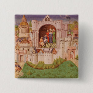 View of a city with labourers paving roads 15 cm square badge