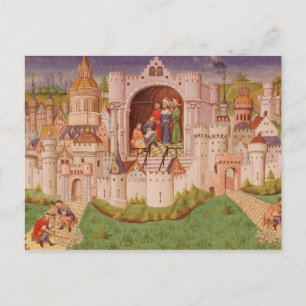 View of a city with labourers paving roads postcard