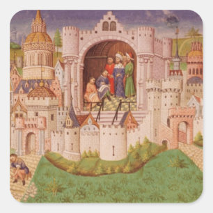 View of a city with labourers paving roads square sticker