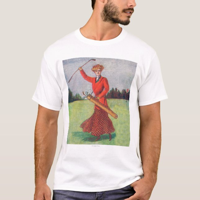 View of a Woman in Red Golfing T-Shirt (Front)