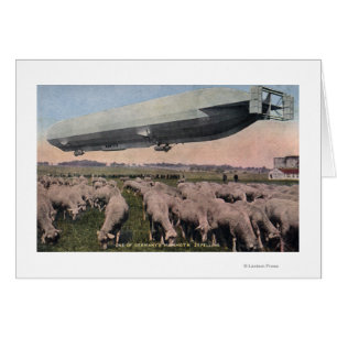 View of a Zeppelin Blimp over Grazing Sheep