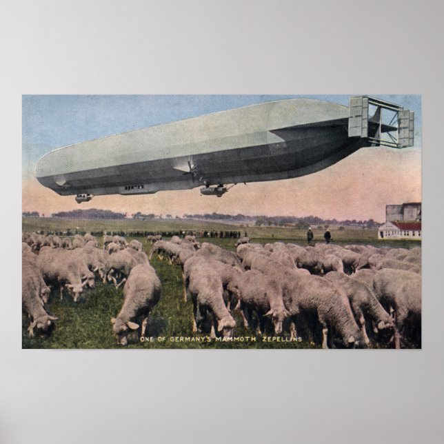 View of a Zeppelin Blimp over Grazing Sheep Poster (Front)
