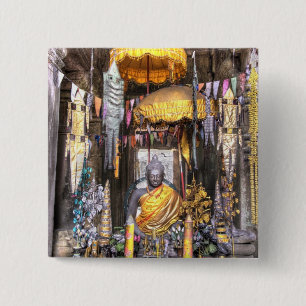 View of altar area inside Buddhist temple, 15 Cm Square Badge