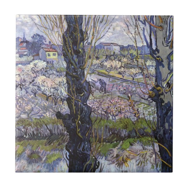 View of Arles, Flowering Orchards by van Gogh Ceramic Tile (Front)