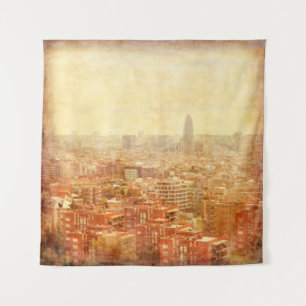 View of Barcelona in grunge and retro style. barce Tapestry