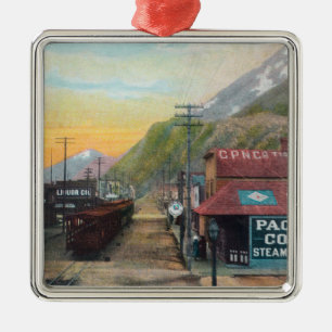 View of Broadway & Railroad CarsSkagway, AK Metal Ornament