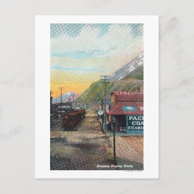 View of Broadway & Railroad CarsSkagway, AK Postcard (Front)