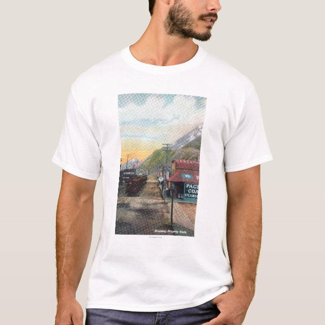 View of Broadway & Railroad CarsSkagway, AK T-Shirt (Front)