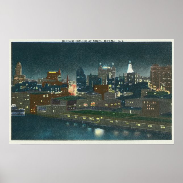 View of Buffalo Skyline at Night Poster (Front)