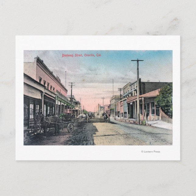 View of Business Section with Horse Carriages Postcard (Front)