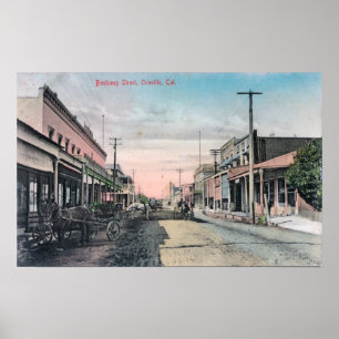 View of Business Section with Horse Carriages Poster