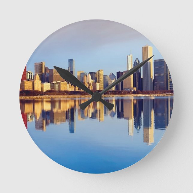 View of Chicago skyline with reflection Round Clock (Front)