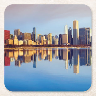 View of Chicago skyline with reflection Square Paper Coaster