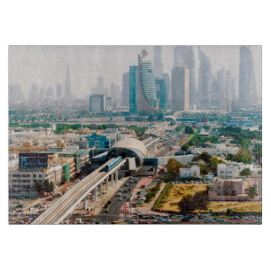 View of city metro line and skyscrapers cutting board