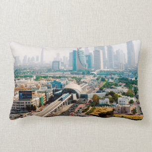 View of city metro line and skyscrapers lumbar cushion