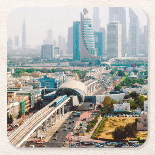 View of city metro line and skyscrapers square paper coaster