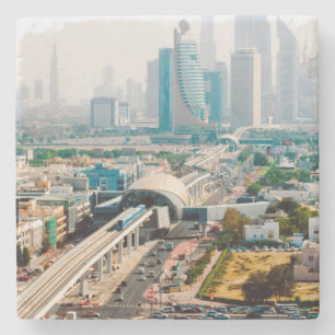 View of city metro line and skyscrapers stone coaster