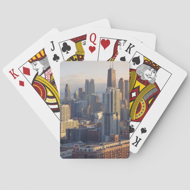 View of cityscape with fantastic light playing cards (Back)