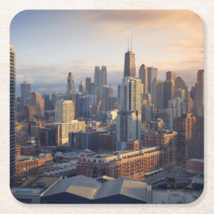 View of cityscape with fantastic light square paper coaster