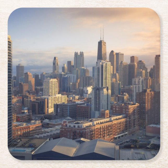 View of cityscape with fantastic light square paper coaster (Front)