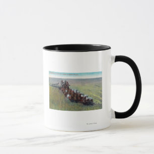 View of Farmers Harvesting with Huge Horse Mug