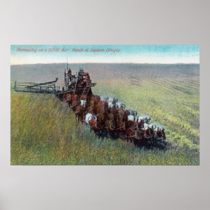 View of Farmers Harvesting with Huge Horse Poster