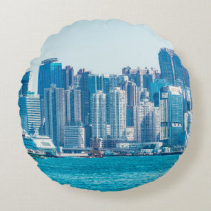 View of Hong Kong harbour at day time. asia,asian, Round Cushion